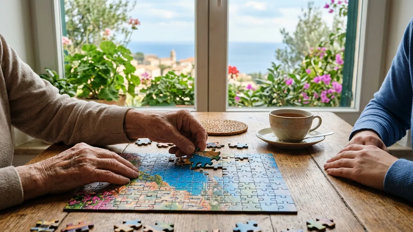 Hände einer älteren Person setzen ein Puzzleteil in ein buntes Holzpuzzle, daneben ruht die Hand einer Pflegekraft.