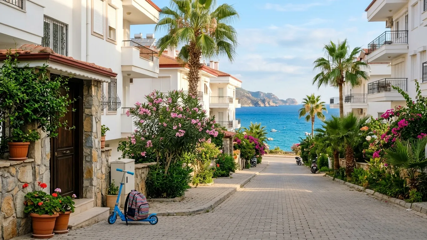 Palmiyeler ve pembe zakkumlarla &ccedil;evrili sakin sokakta, beyaz apartman girişinde &ccedil;ocuk scooterı ve renkli sırt &ccedil;antası.